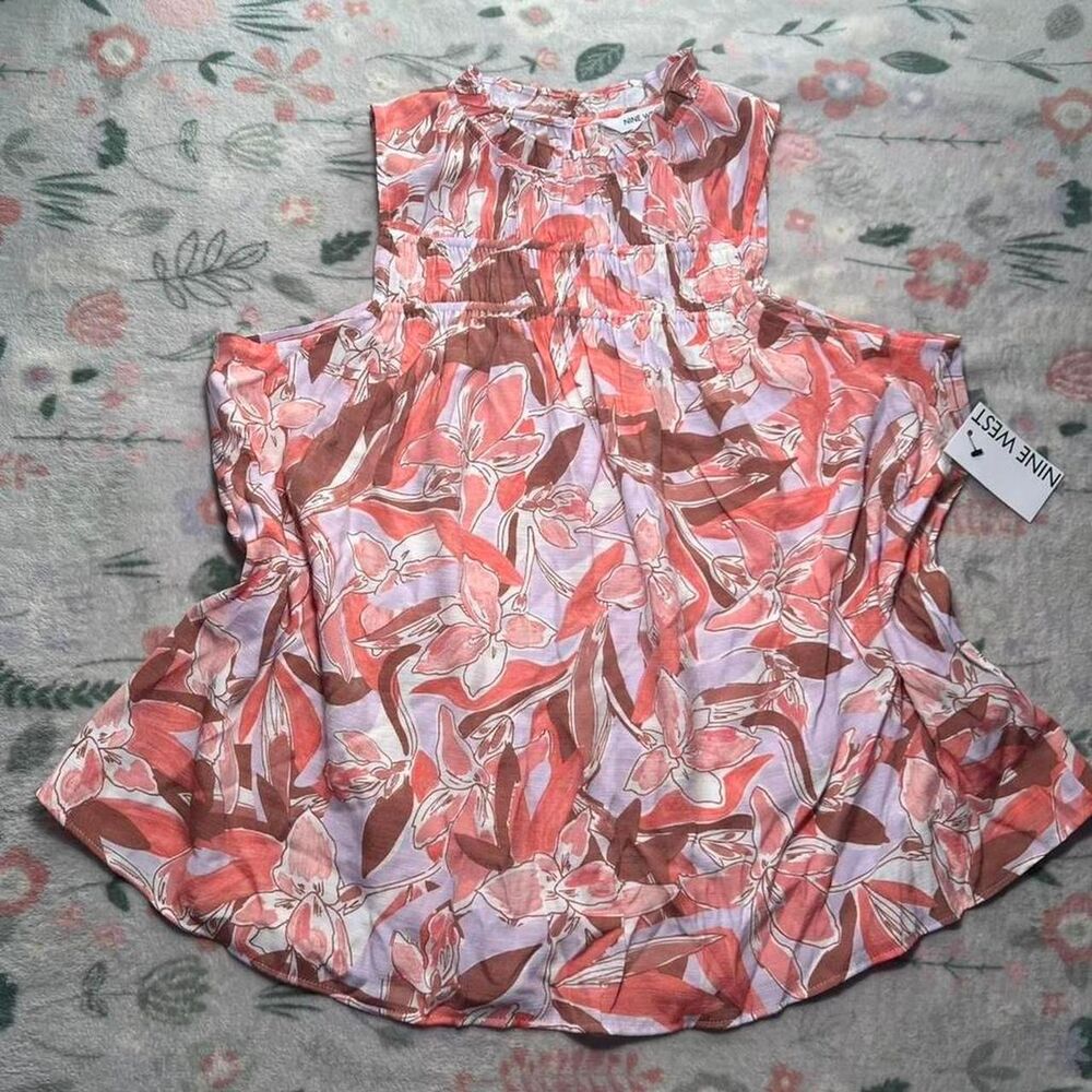 BNWT Nine West Flared Scrunch Tank Top M Retro 90s Coastal Tropical Boho Pattern